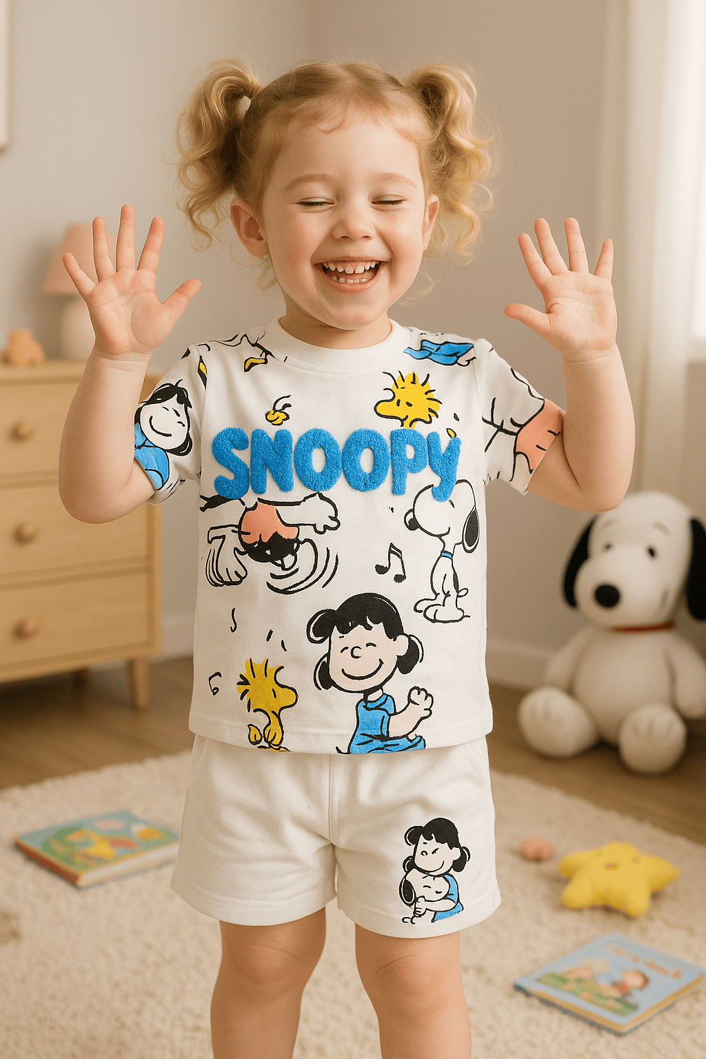 Beyaz Snoopy Nakışlı Şortlu Takım