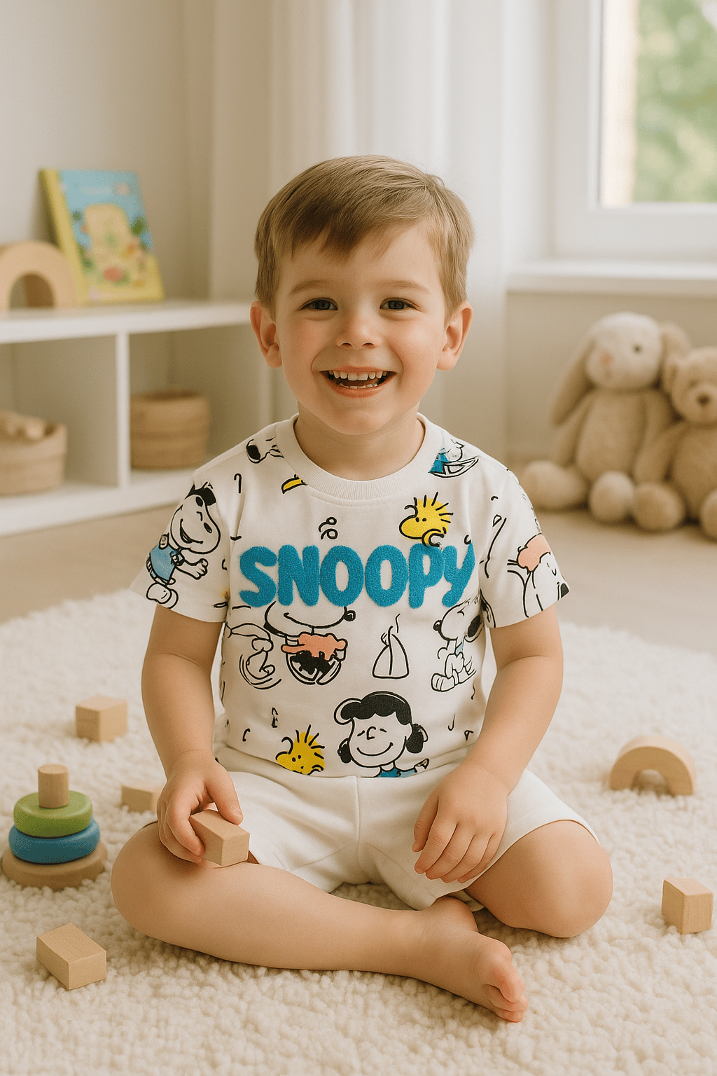 Beyaz Snoopy Nakışlı Şortlu Takım