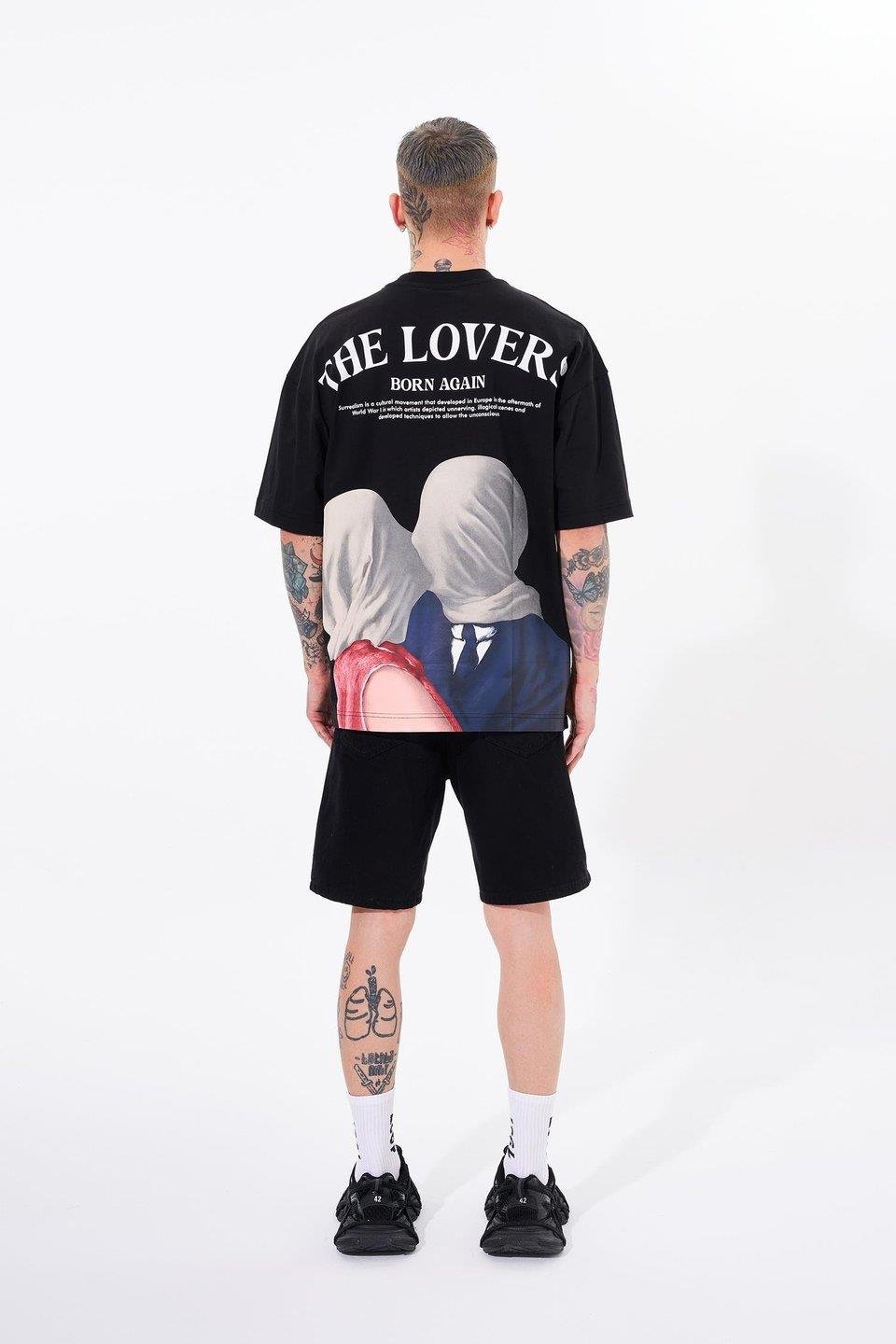 Erkek The Lovers Baskılı Oversize Siyah Tişört