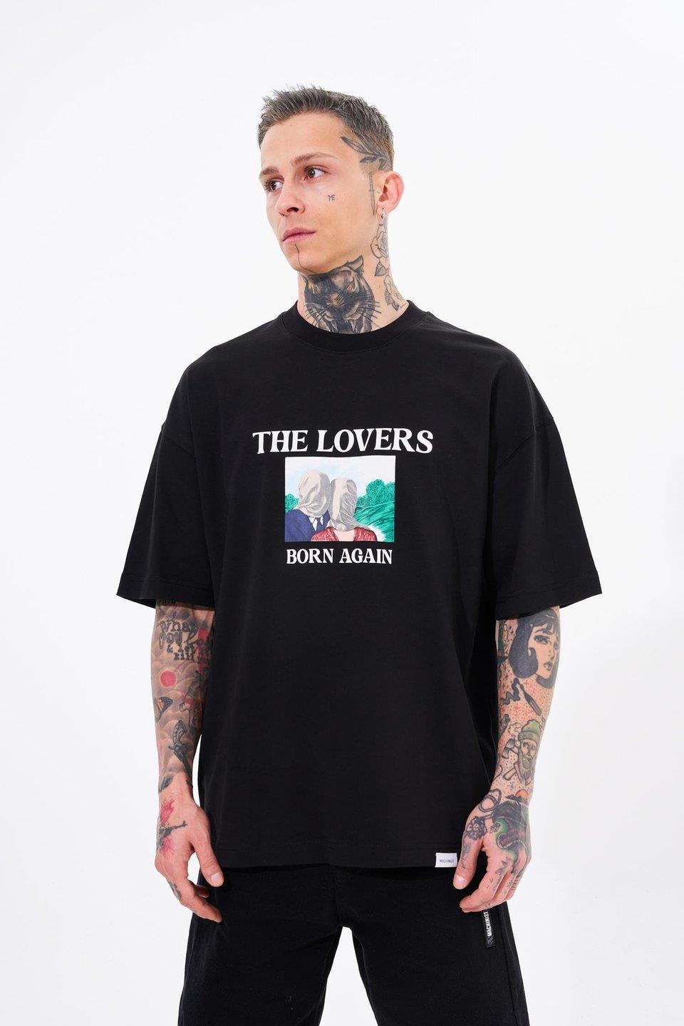Erkek The Lovers Baskılı Oversize Siyah Tişört