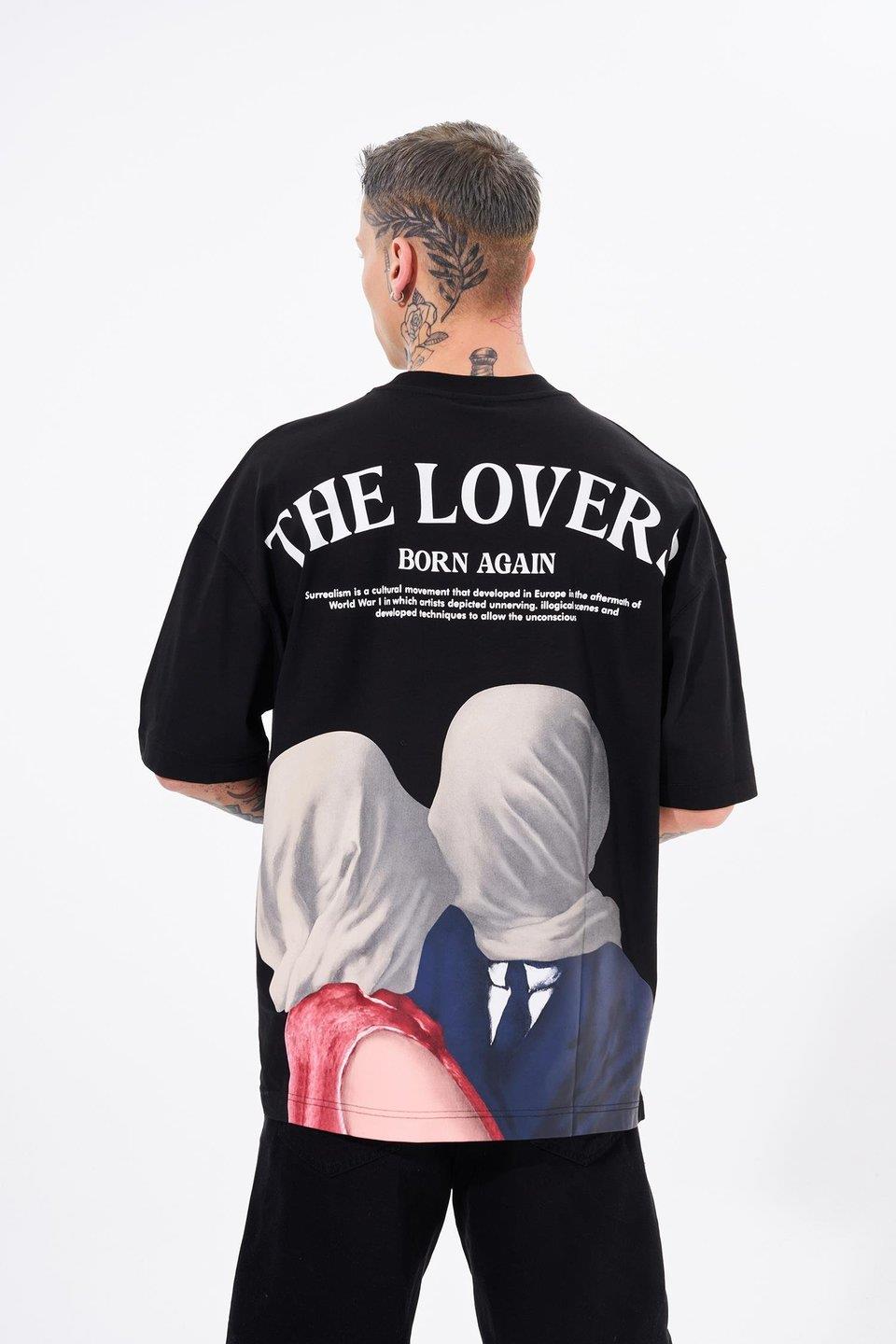 Erkek The Lovers Baskılı Oversize Siyah Tişört