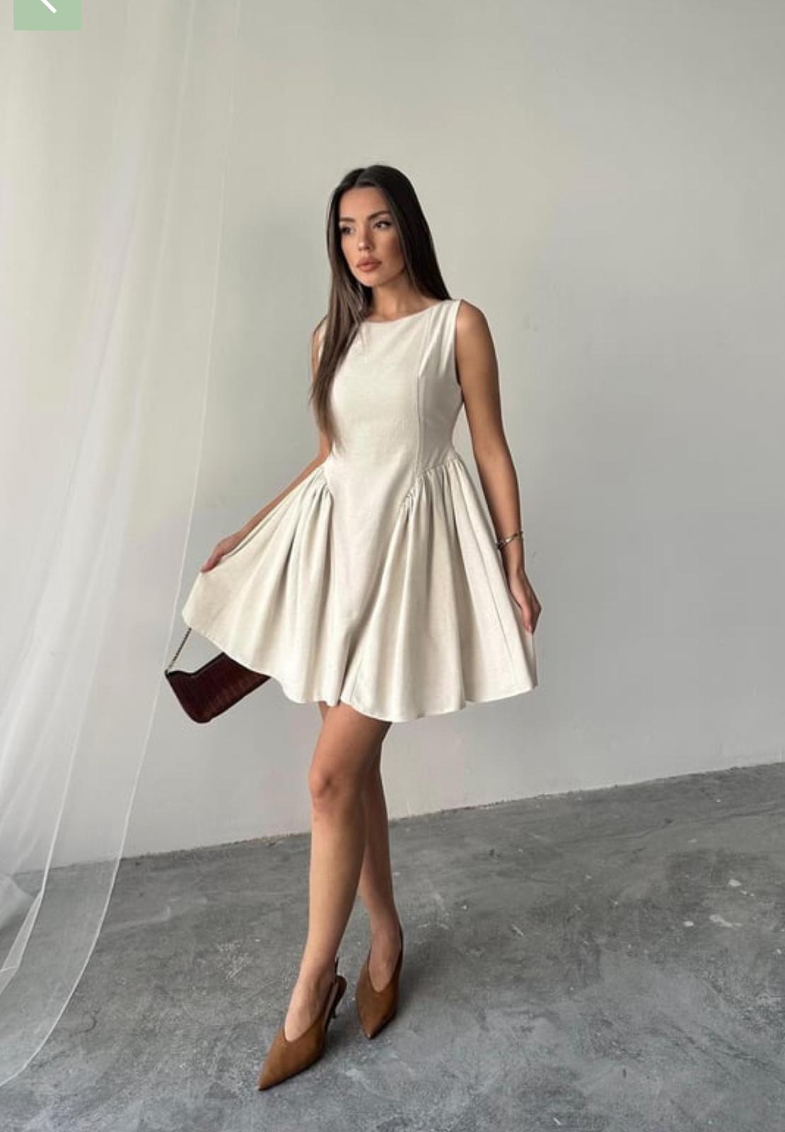 Bej Mini Boy Büzgülü Keten Elbise