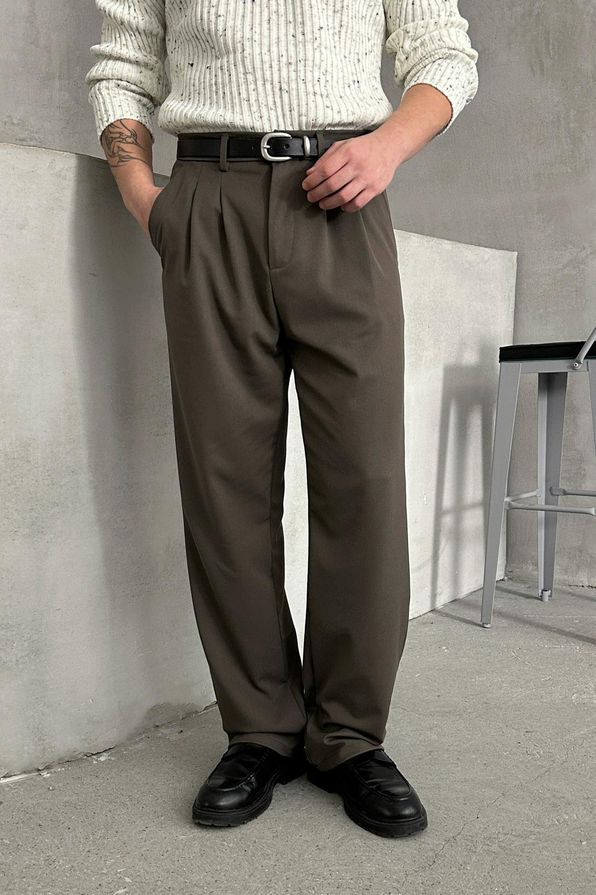 Erkek Pileli Baggy Kalıp Kumaş Pantolon HAKİ