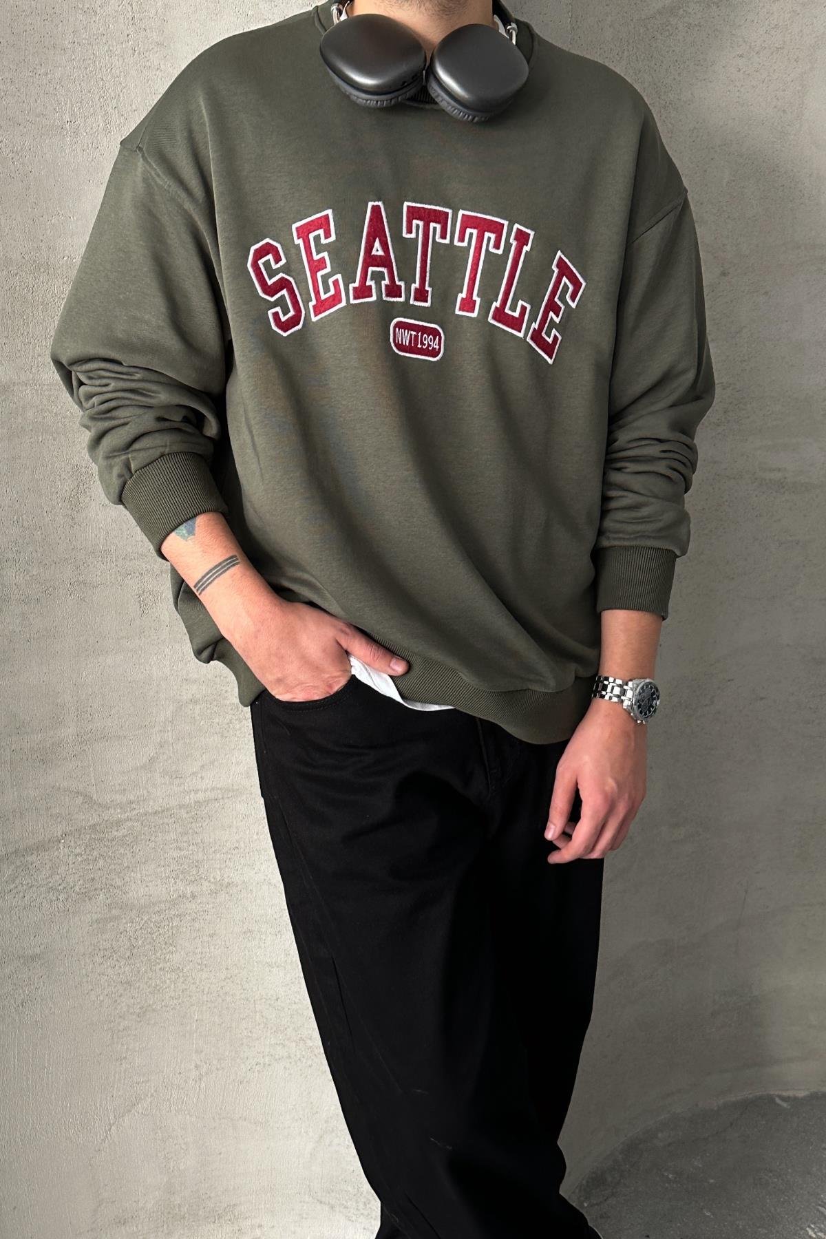 Erkek Seattle Baskılı Oversize Sweatshirt Haki