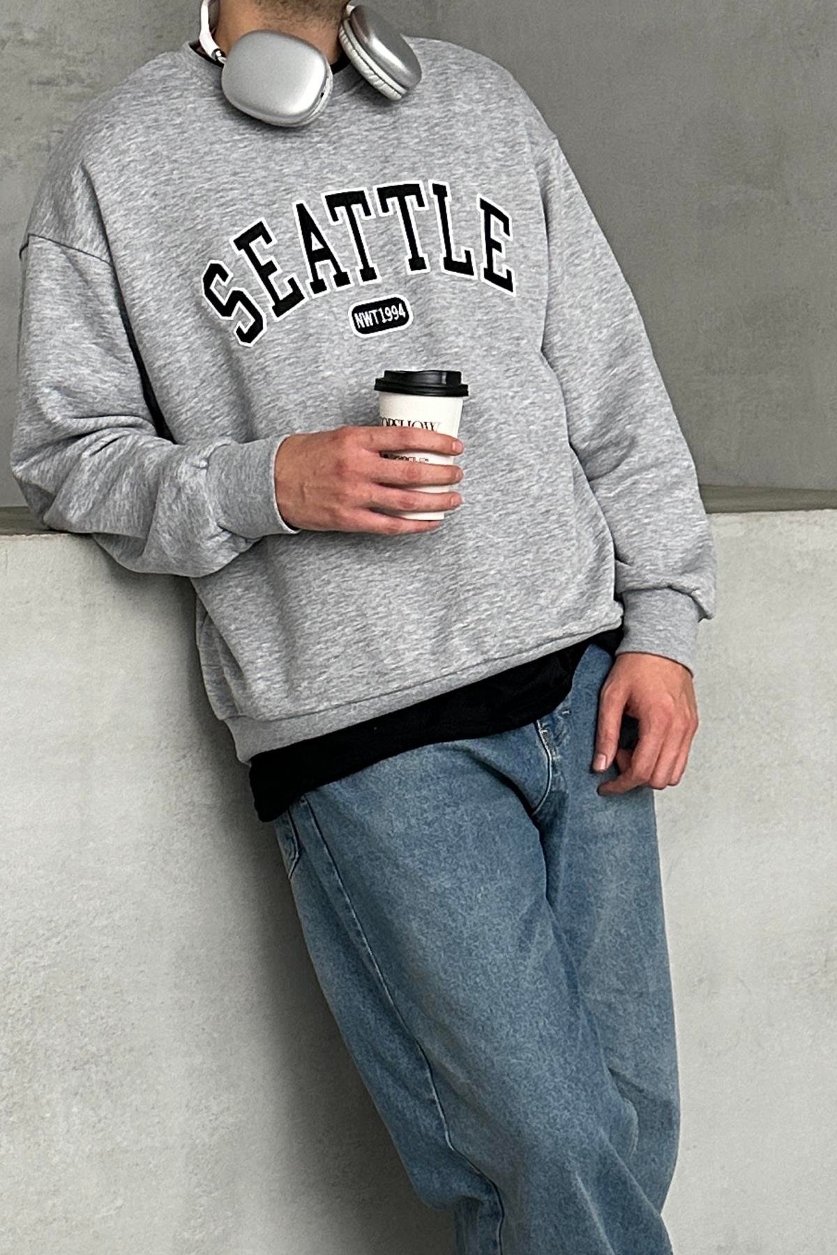 Erkek Seattle Baskılı Oversize Sweatshirt Gri