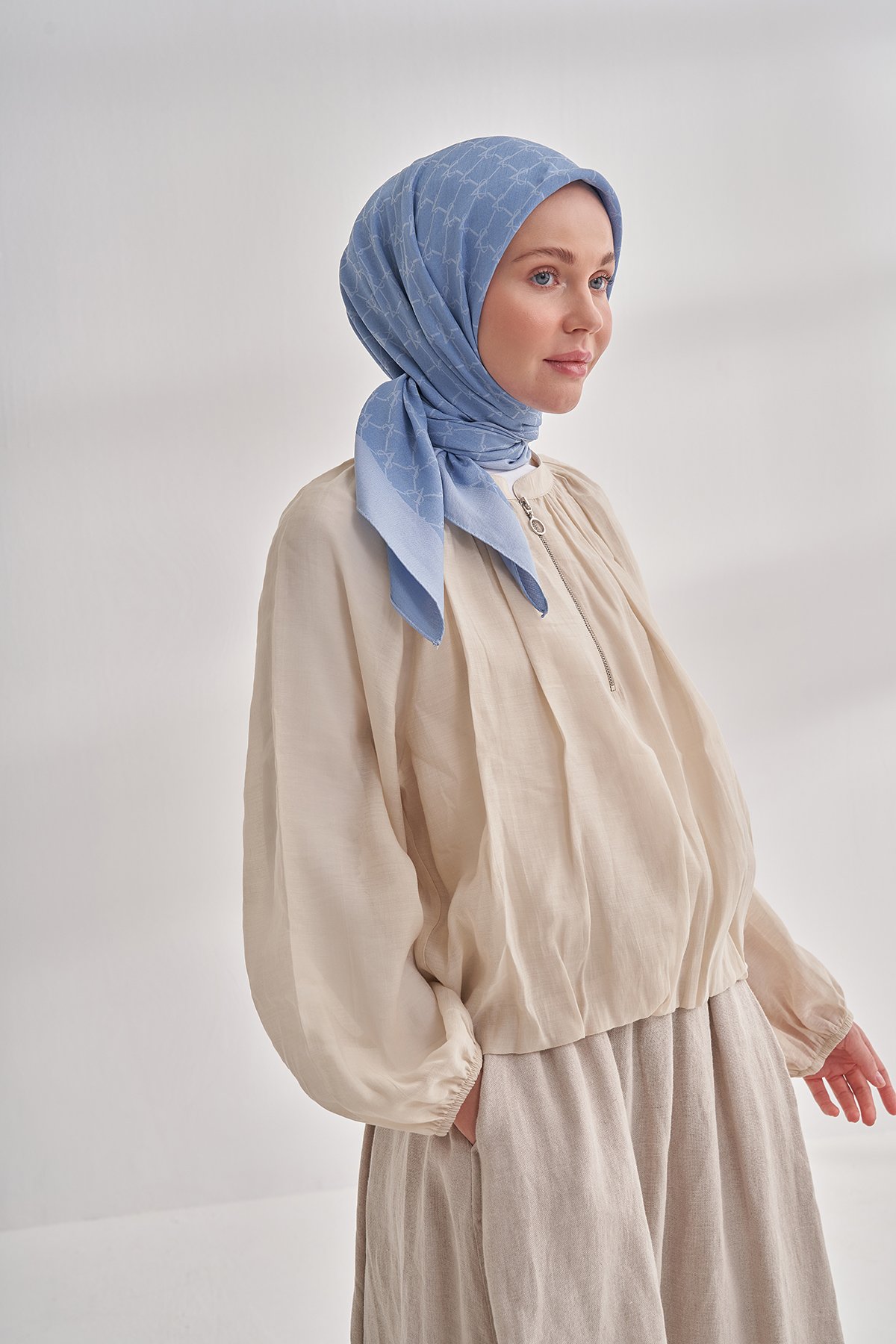 COTTON MONOGRAM ZİNCİR DESEN EŞARP -  KOT MAVİSİ