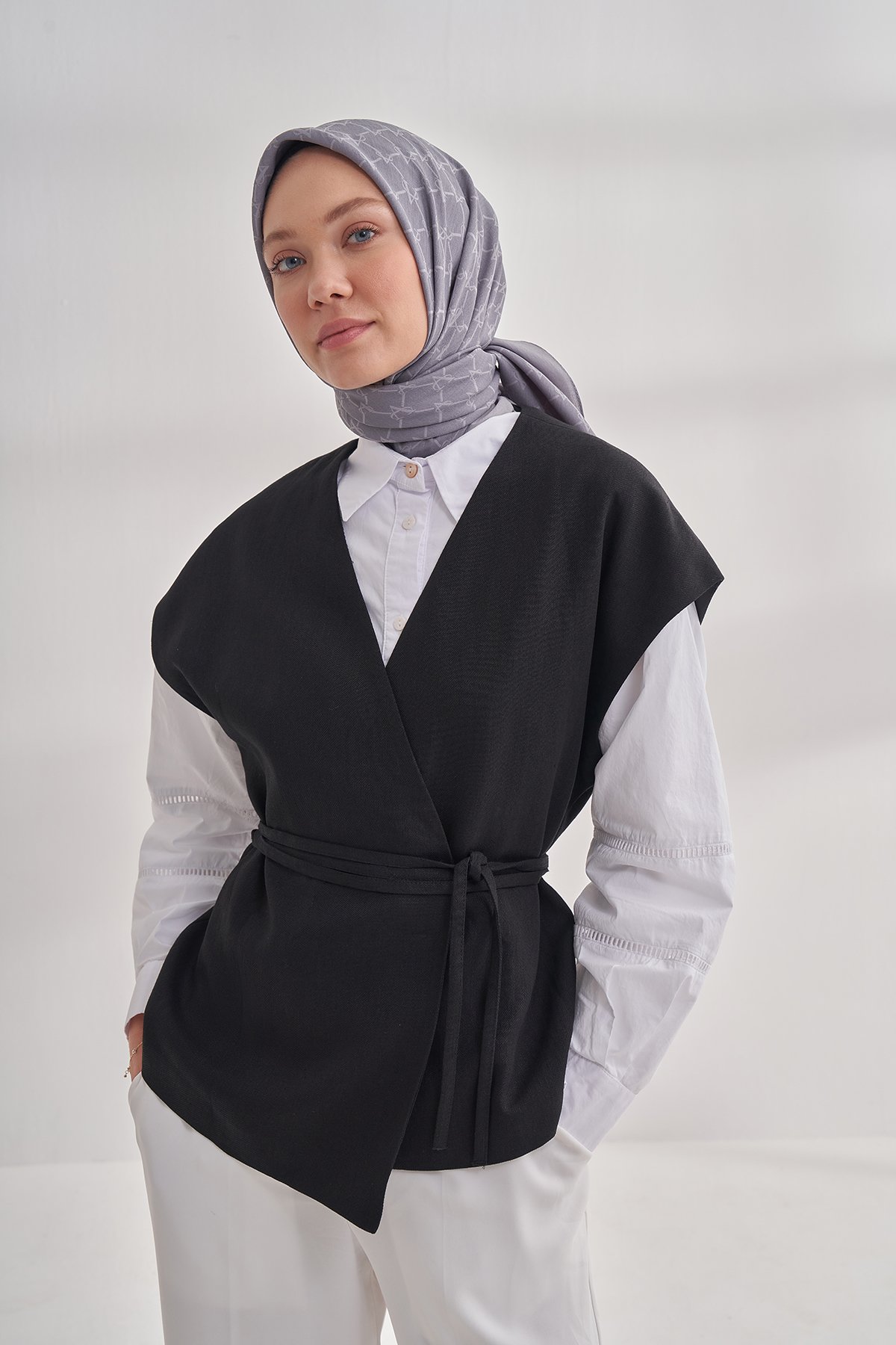 COTTON MONOGRAM ZİNCİR DESEN EŞARP -  KOYU GRİ