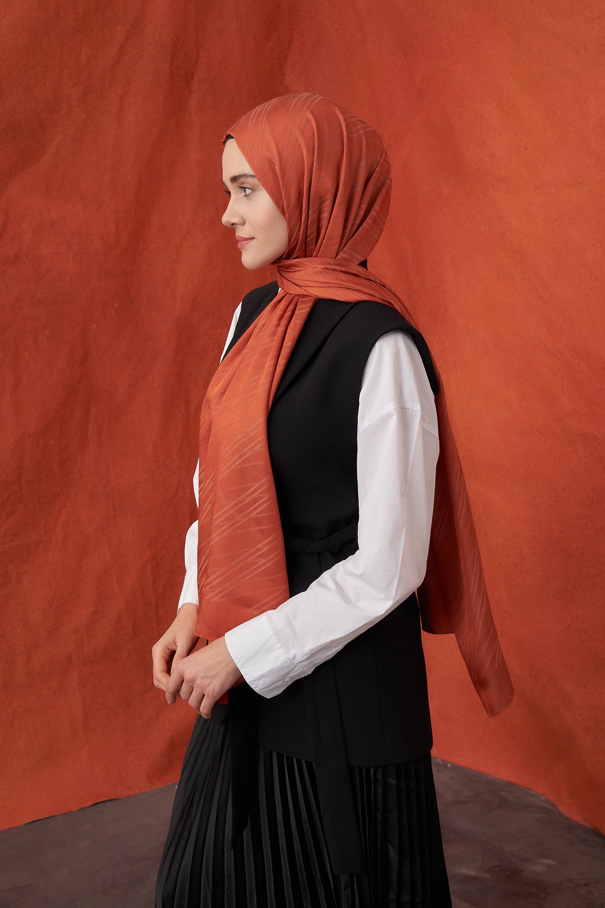 İTALYAN JAKAR ŞERİT DESEN ŞAL -  KİREMİT