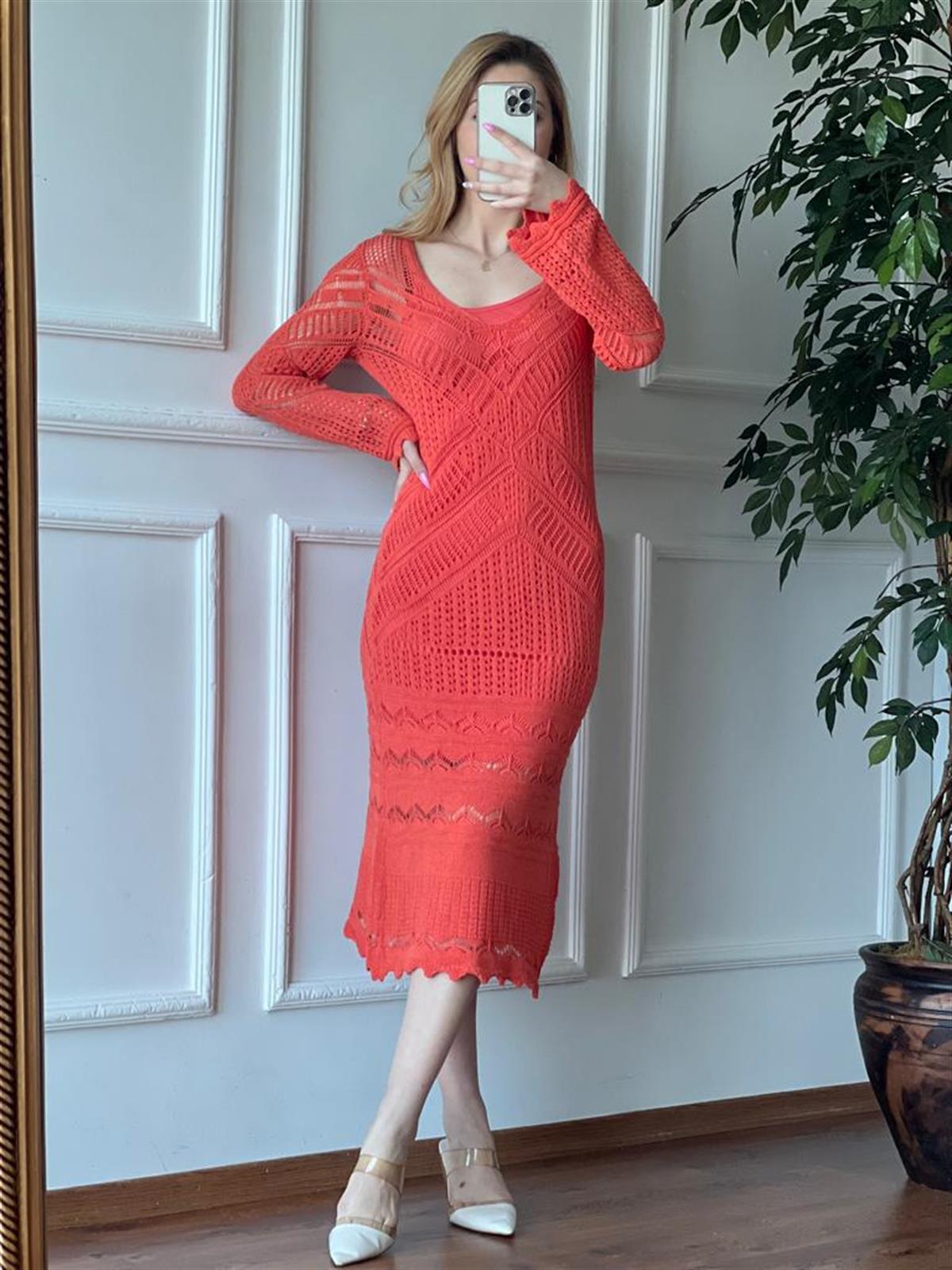 Ajurlu Uzun Triko Elbise 3774 Oranj