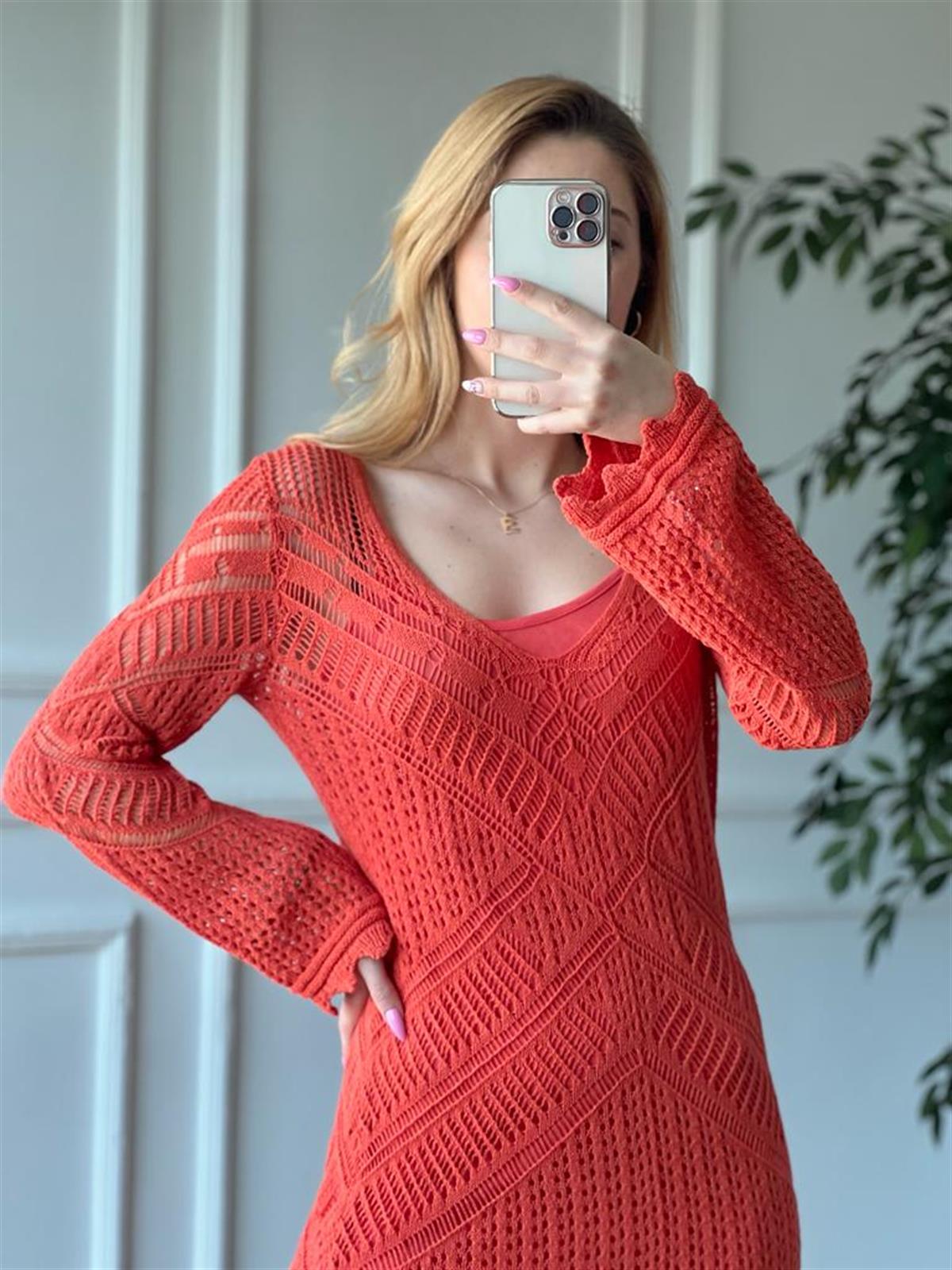 Ajurlu Uzun Triko Elbise 3774 Oranj