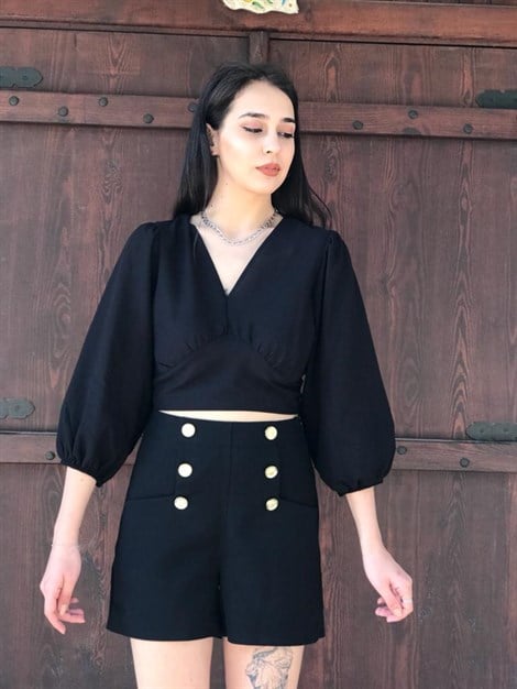 Altın Düğmeli Kumaş Şort 1101 Siyah
