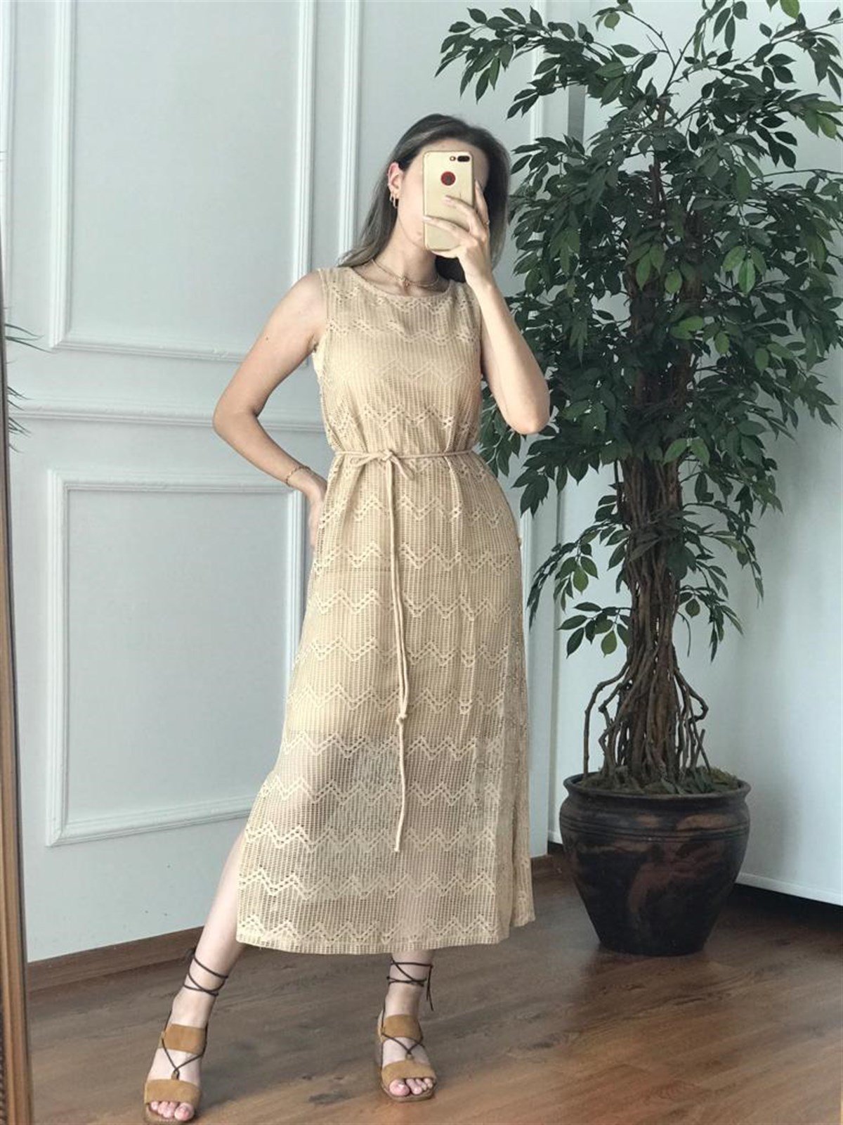 B.B. 22499 İçi Askılı Fileli Elbise Bej