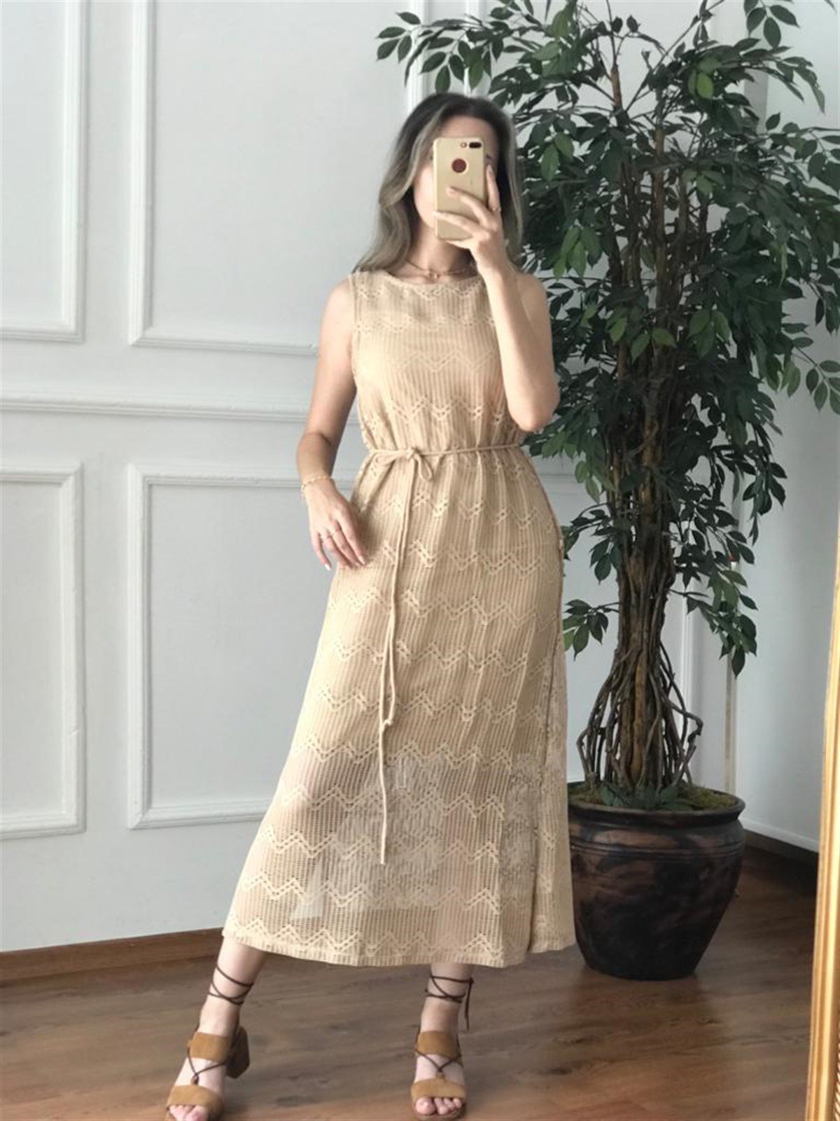 B.B. 22499 İçi Askılı Fileli Elbise Bej