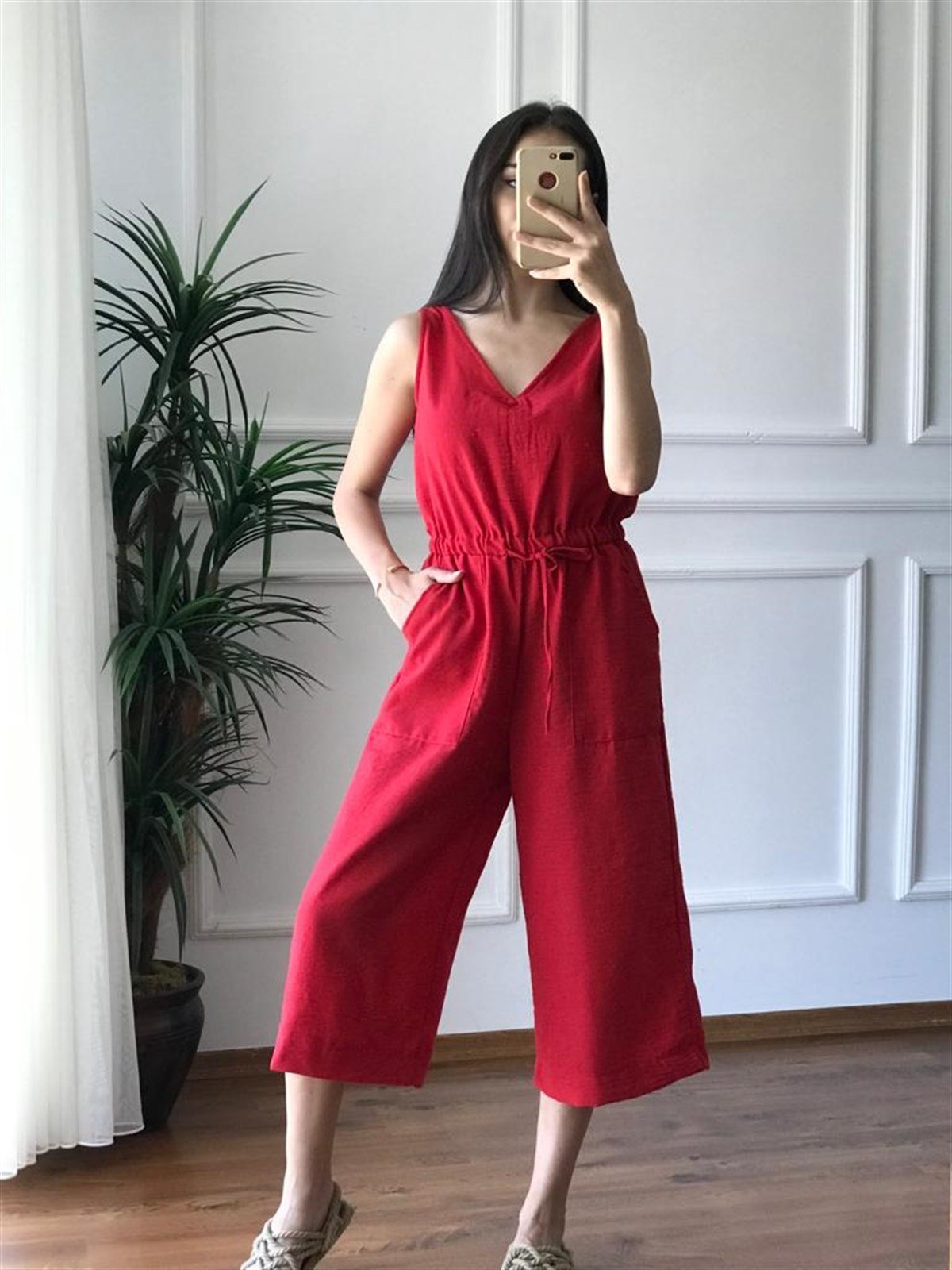 Bağcıklı Cepli Salaş Tulum 26650 Kırmızı