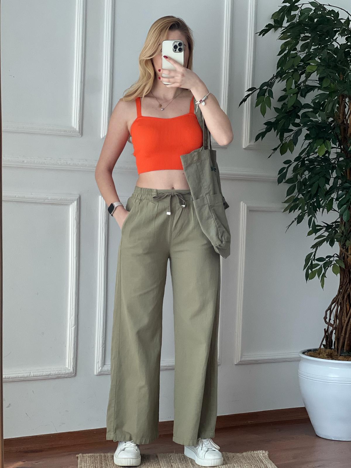 Beli Lastikli Palazzo Pantolon 5219 Haki