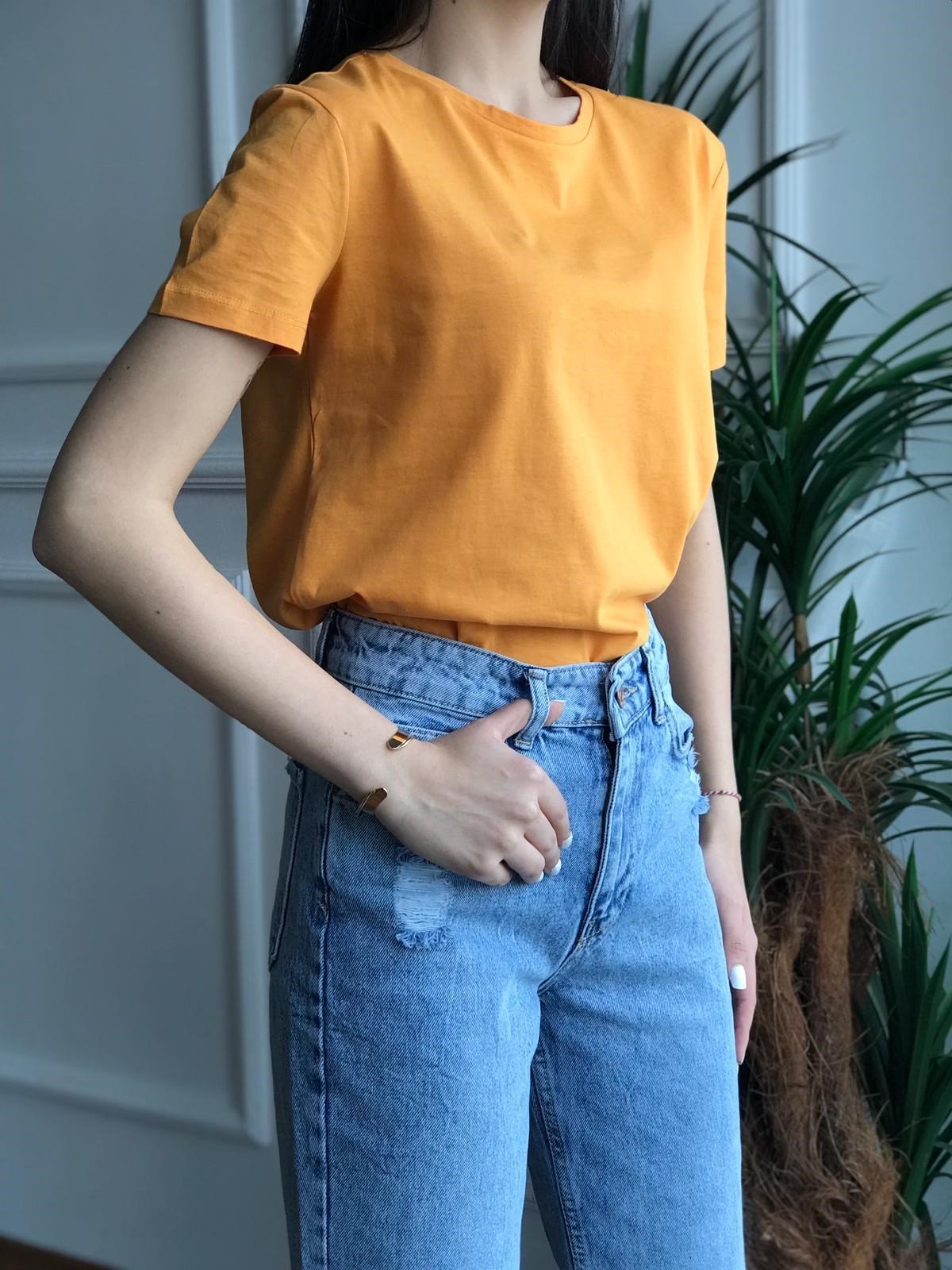 Bisiklet Yaka Basic Tshirt 3471 Turuncu