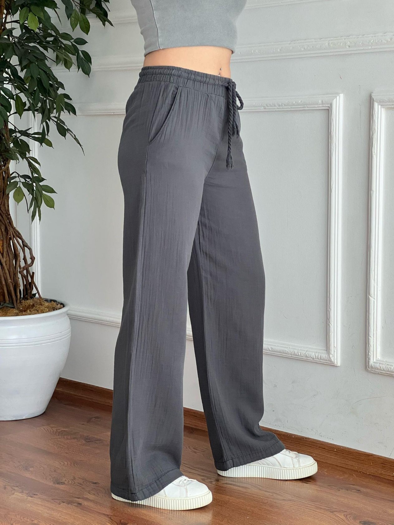 Bol Paça Müslin Kumaş Pantolon 5376-6633 Antrasit