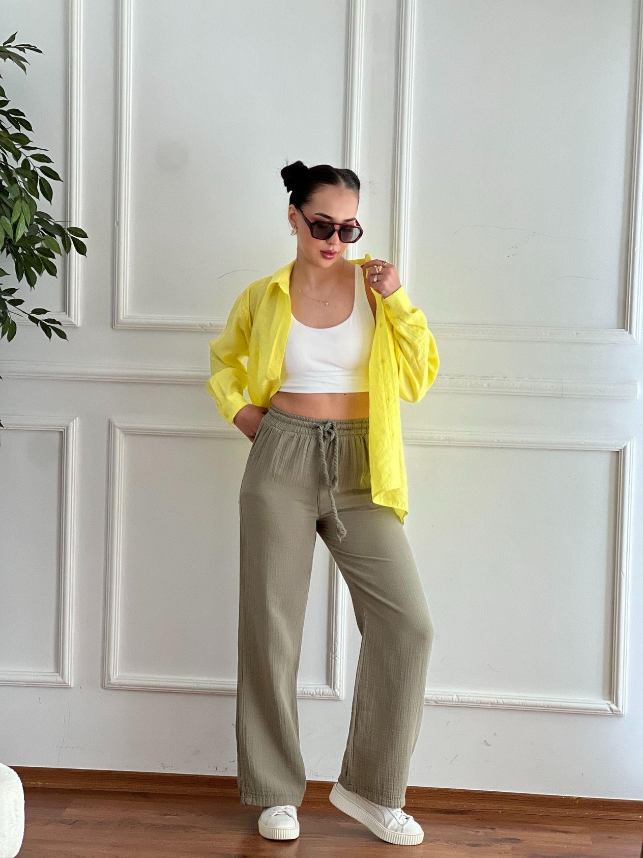 Bol Paça Müslin Kumaş Pantolon 5376-6633 Haki