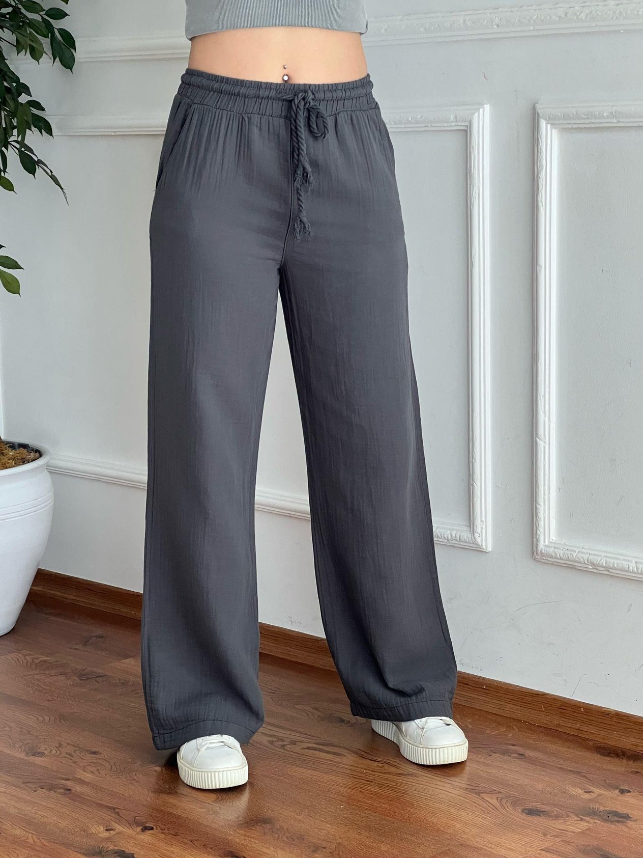 Bol Paça Müslin Kumaş Pantolon 5376-6633 Antrasit