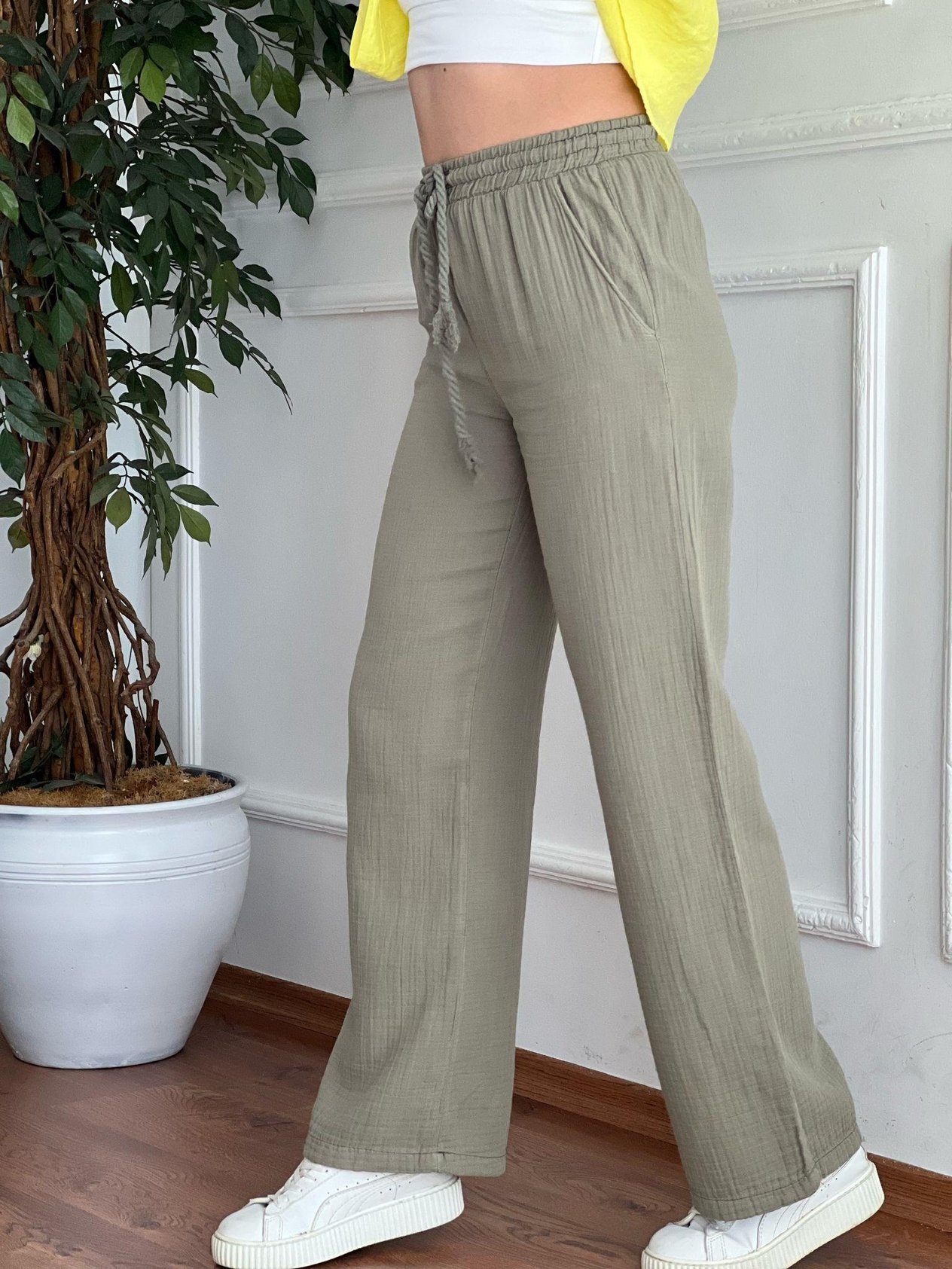 Bol Paça Müslin Kumaş Pantolon 5376-6633 Haki