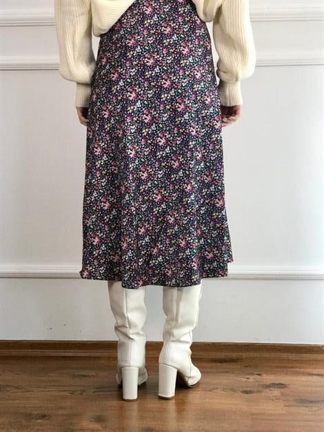 Çiçek Desenli Saten Etek 3344 Siyah