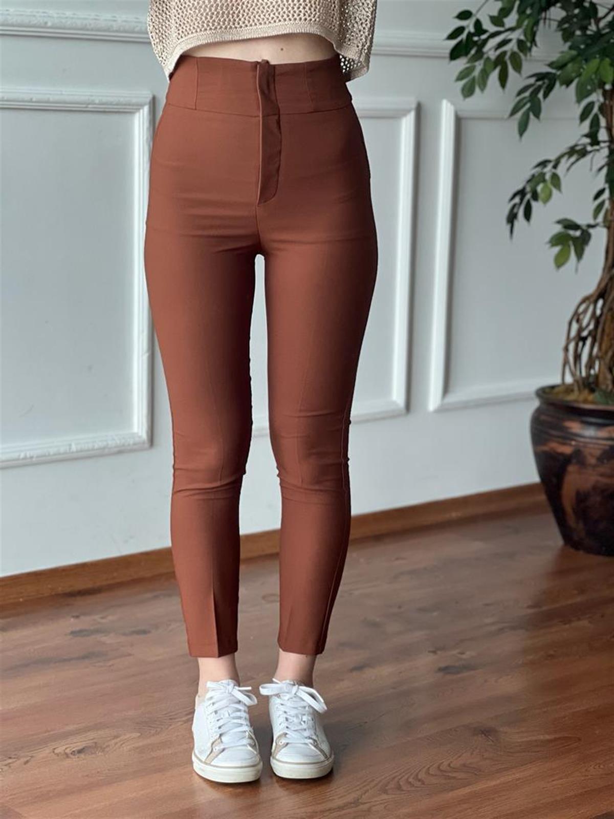 Dar Paça Yüksek Kemer Pantolon 3541 Kahverengi