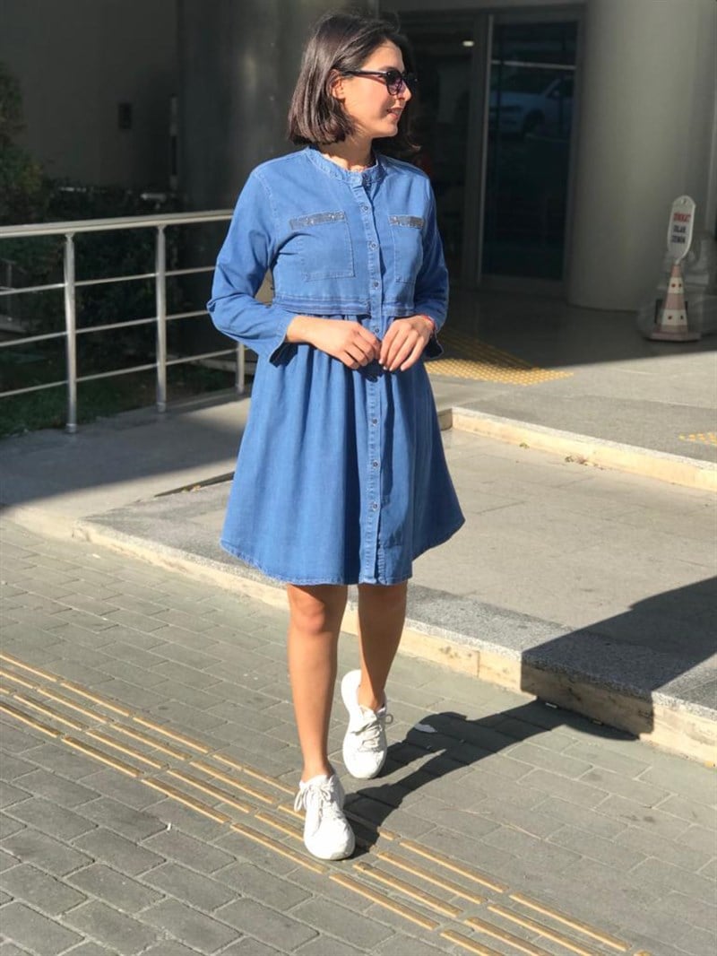 Denim Kot Elbise K19-755 Mavi
