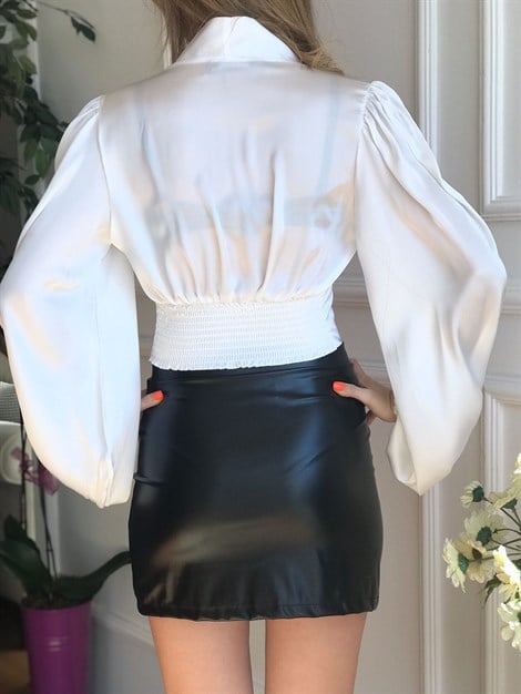 Düğmeli Saten Bluz 3023-1428 Ekru