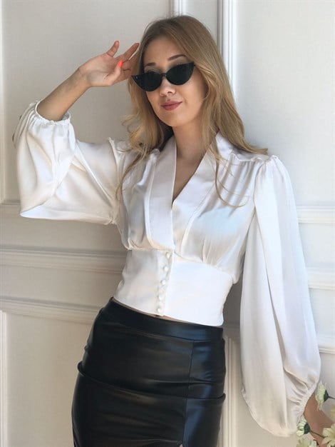 Düğmeli Saten Bluz 3023-1428 Ekru