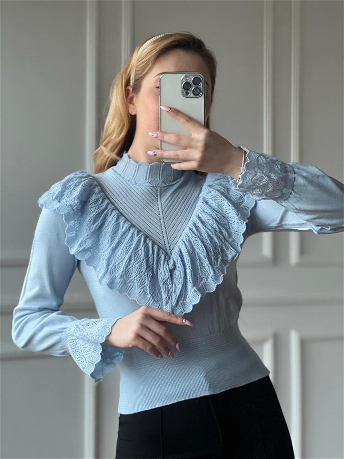 Fırfırlı Triko Kazak 2841 Bebe Mavisi