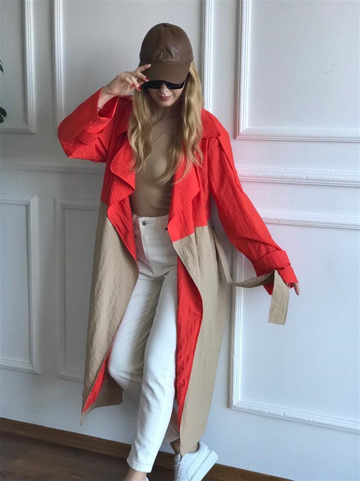 İki Renk Oversize Trençkot 6622 Nar Çiçeği