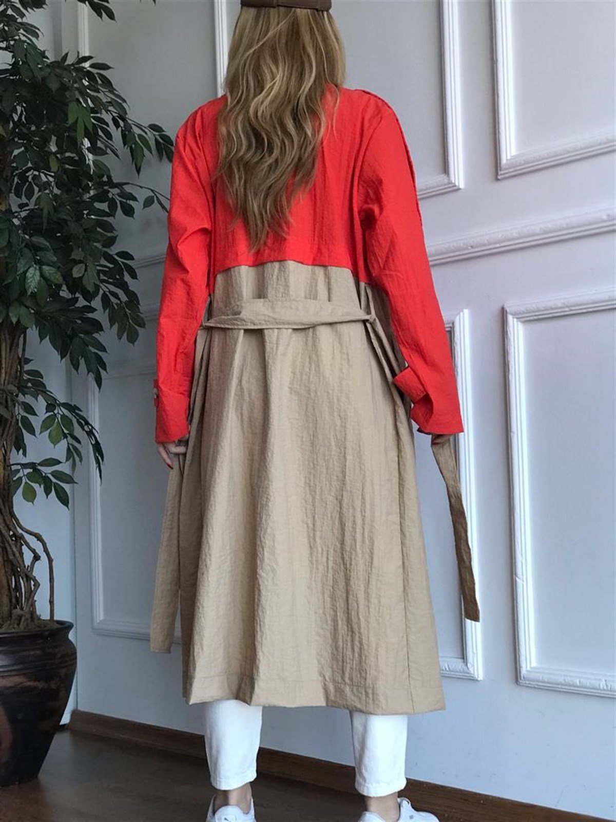 İki Renk Oversize Trençkot 6622 Nar Çiçeği
