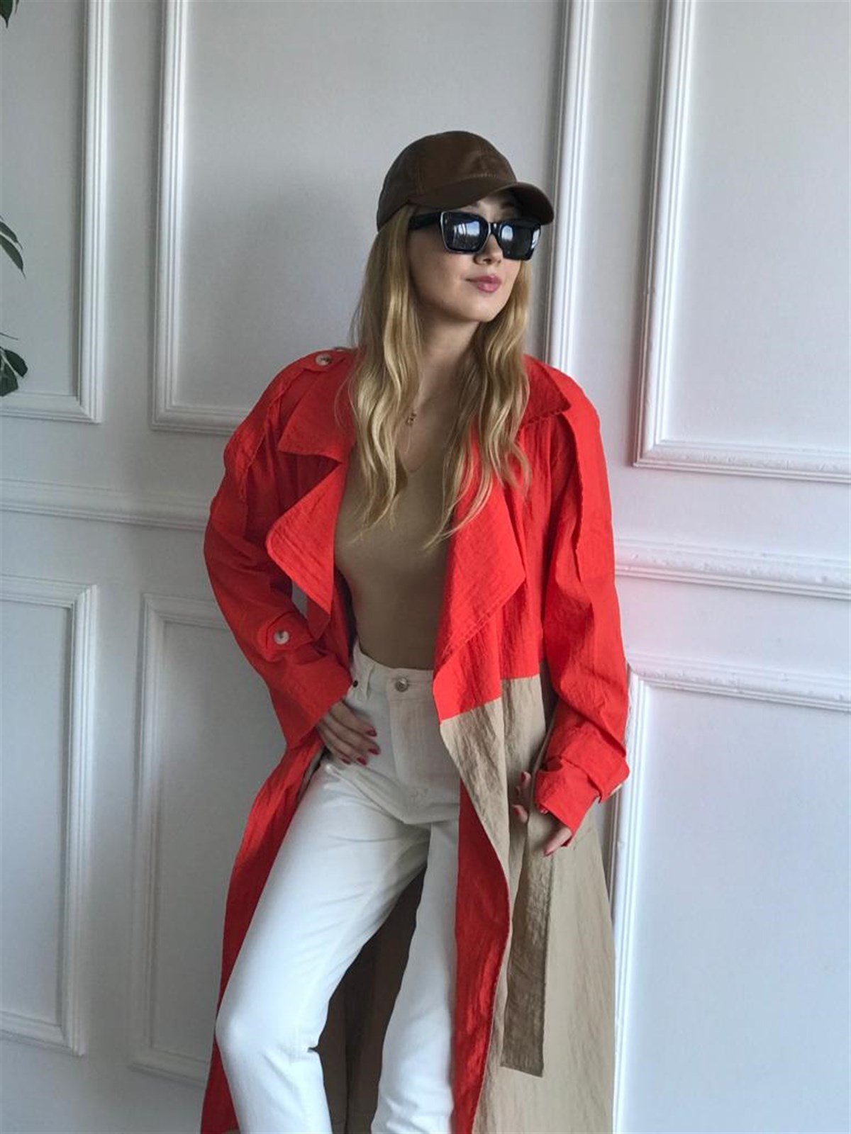 İki Renk Oversize Trençkot 6622 Nar Çiçeği