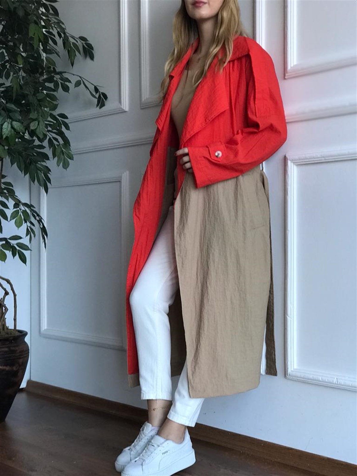 İki Renk Oversize Trençkot 6622 Nar Çiçeği