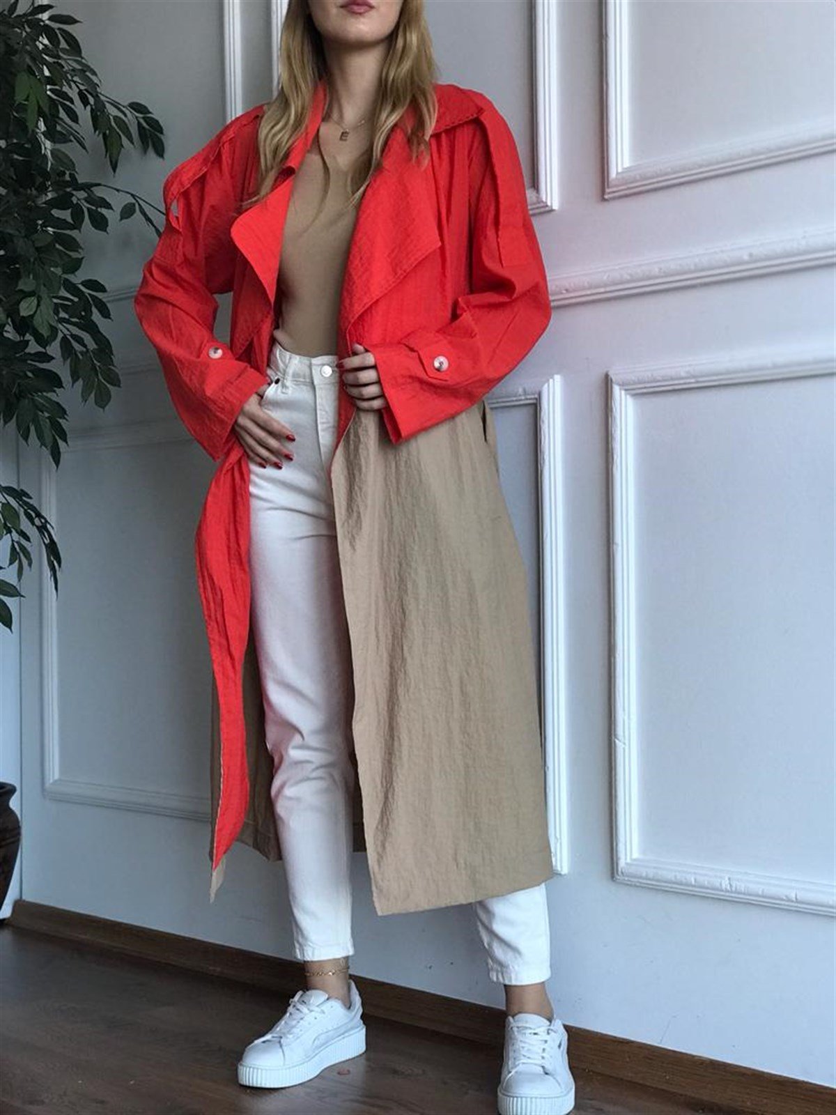 İki Renk Oversize Trençkot 6622 Nar Çiçeği