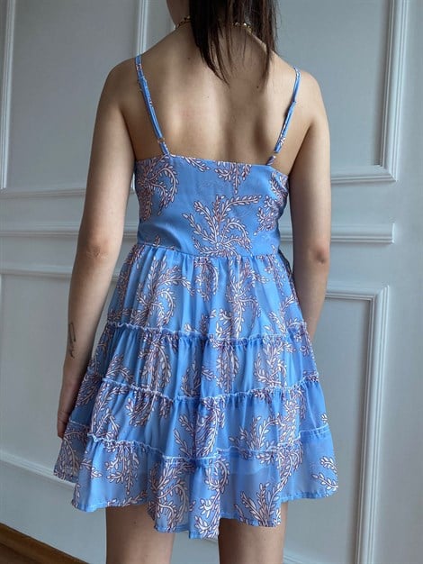 İp Askılı Desenli Mini Elbise 6336 Mavi