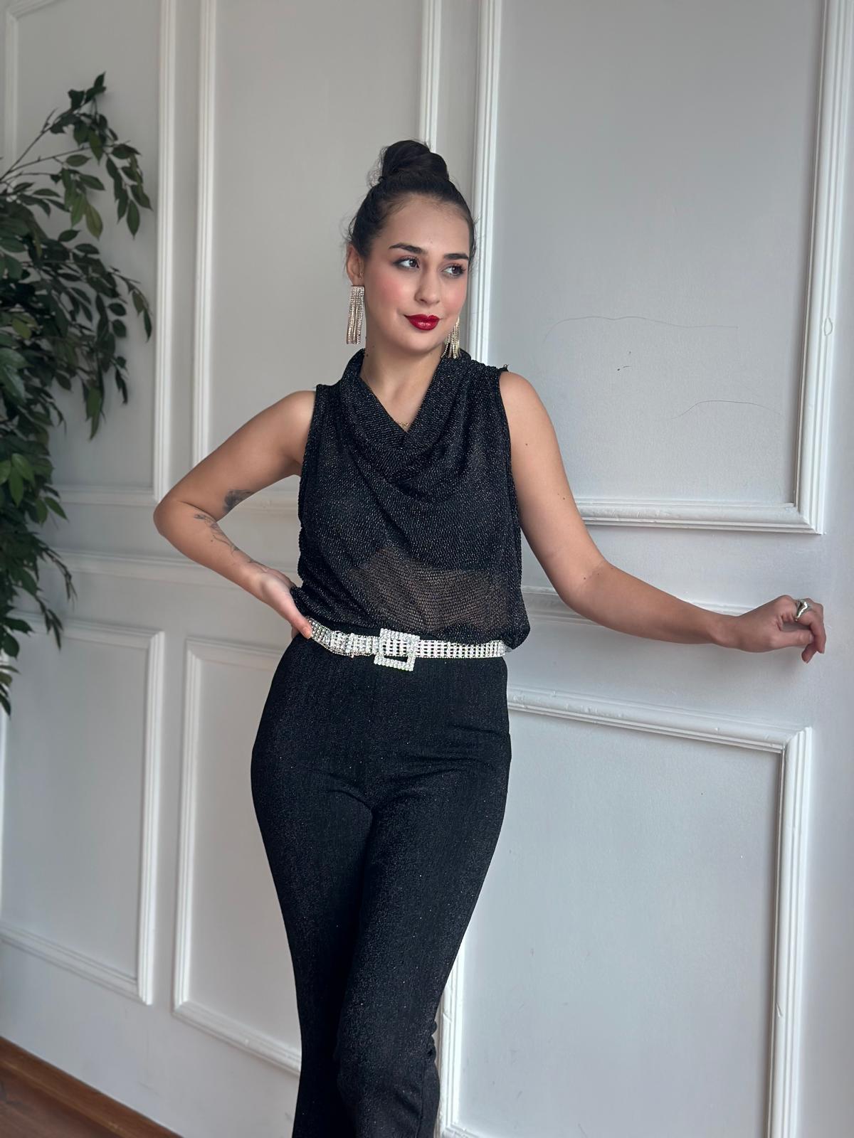 İspnayol Paça Simli Pantolon 29417 Siyah