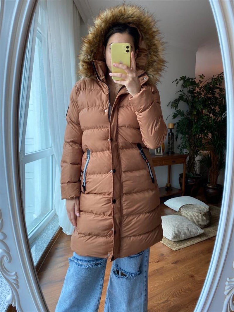 Kapüşonu Tüylü Uzun Mont 89435 Camel