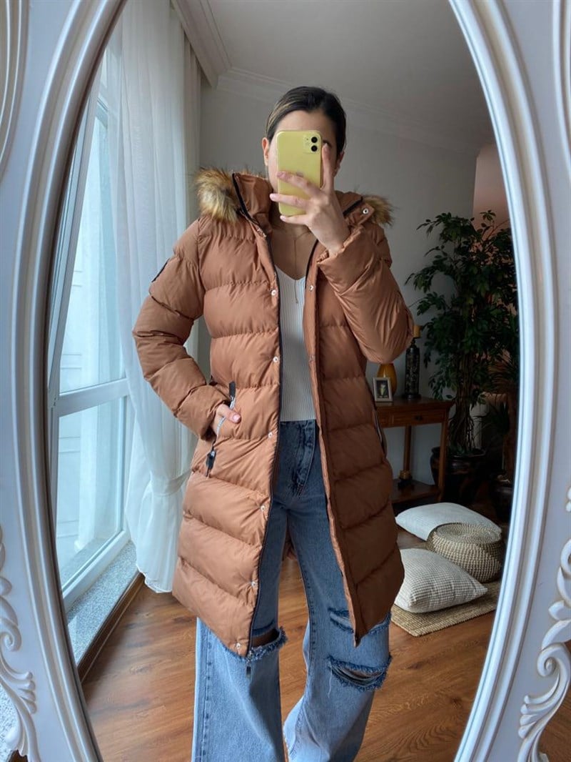 Kapüşonu Tüylü Uzun Mont 89435 Camel