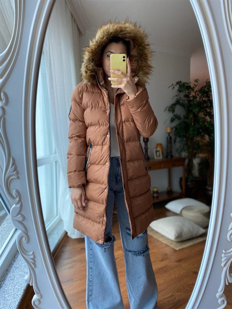 Kapüşonu Tüylü Uzun Mont 89435 Camel