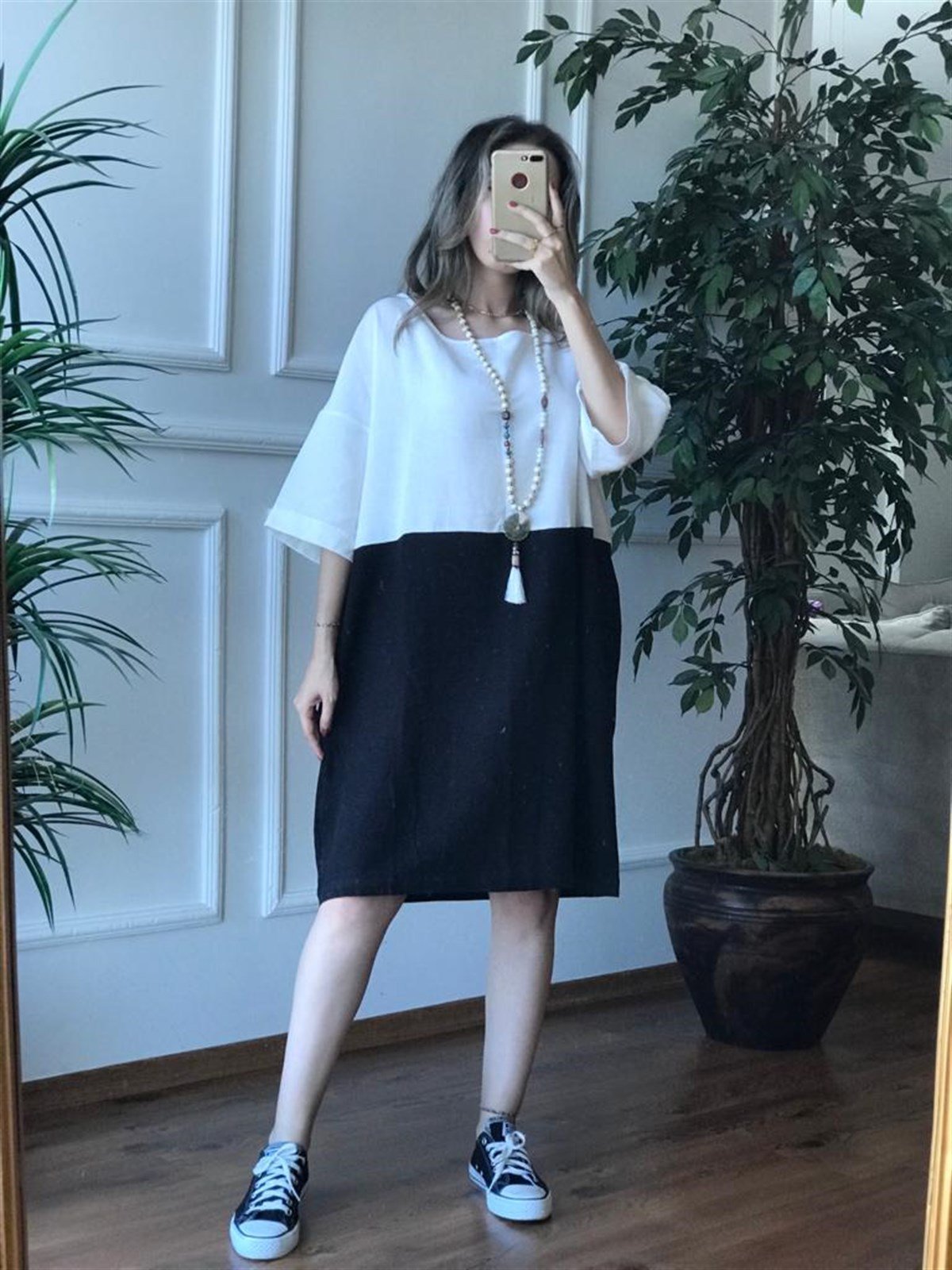 Keten Çift Renk Elbise 0036 Siyah