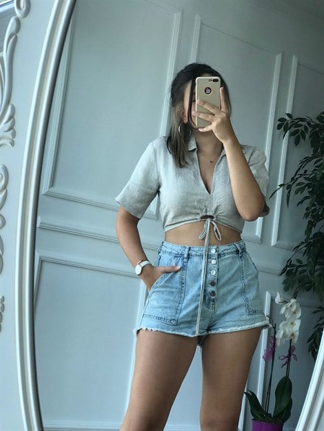 Keten Crop Bluz 5879 Bej
