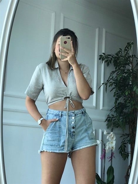 Keten Crop Bluz 5879 Bej