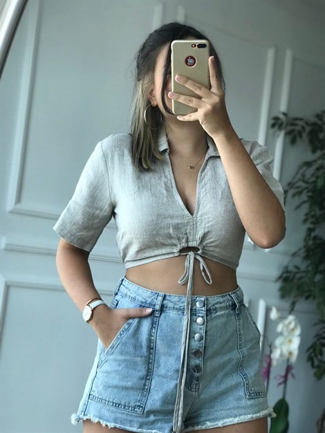 Keten Crop Bluz 5879 Bej