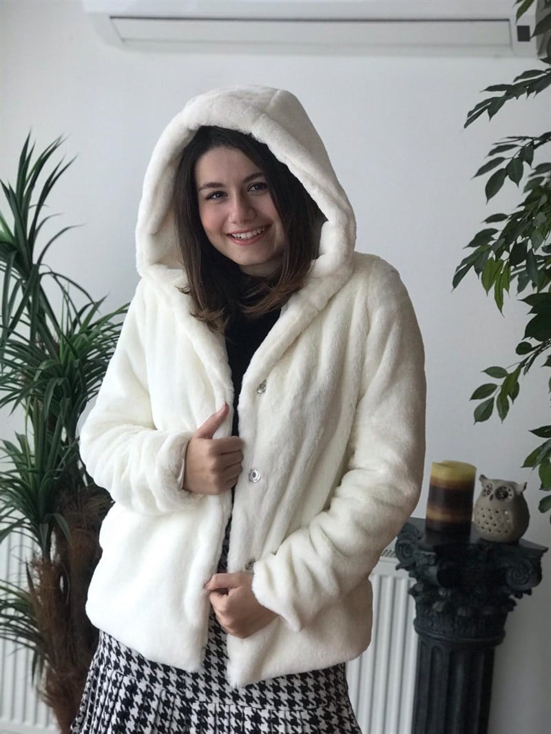 Kısa Kapşonlu Peluş Ceket 89237 Taş