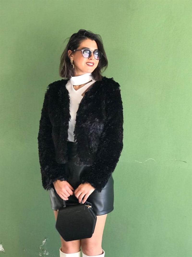 Kısa Peluş Mont 8430 Siyah
