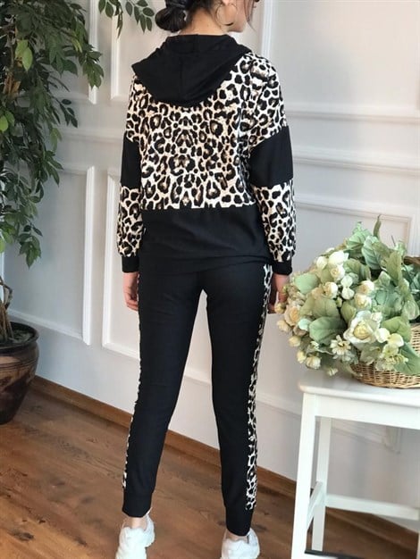 Leopar Desenli Kapşonlu Eşofman Takımı 8465 Siyah