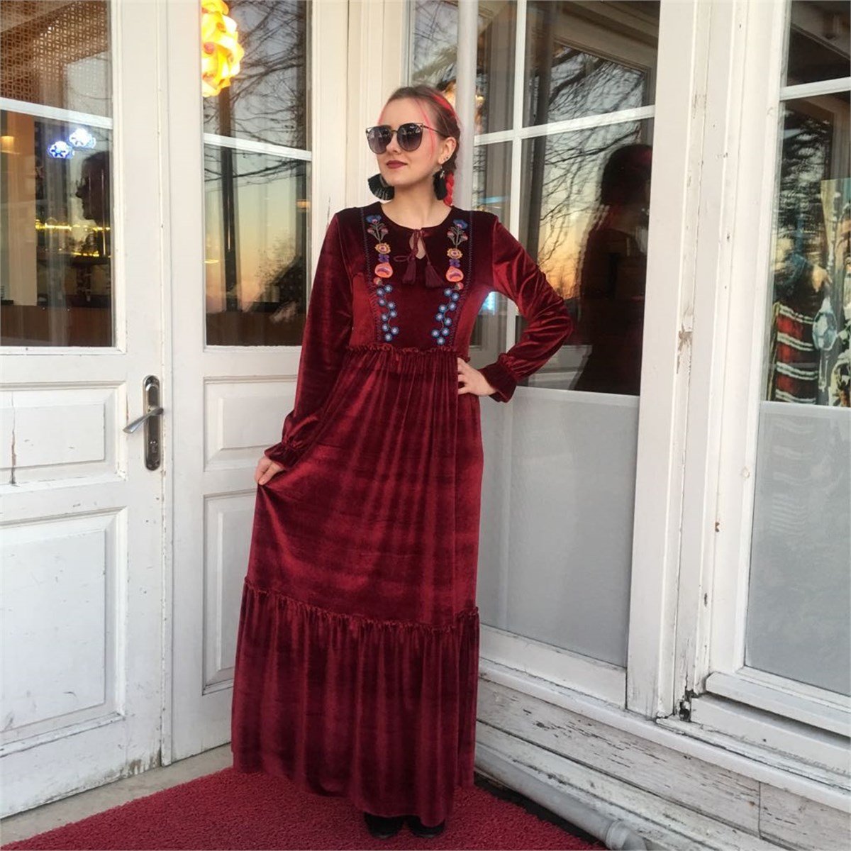 NEW 2380 Kadife İşlemeli Elbise Bordo