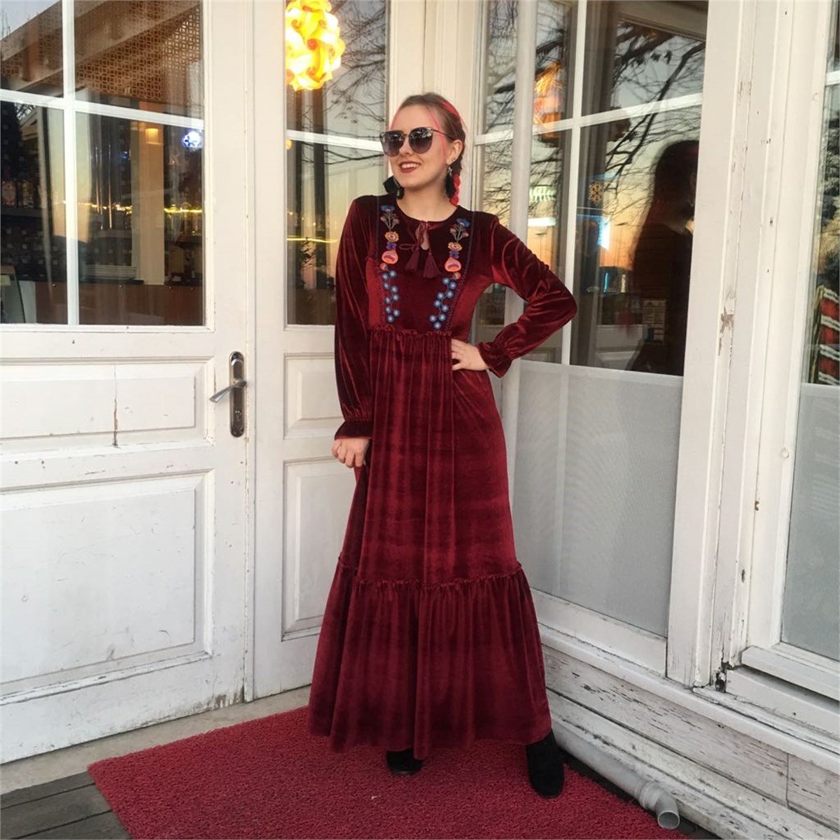NEW 2380 Kadife İşlemeli Elbise Bordo