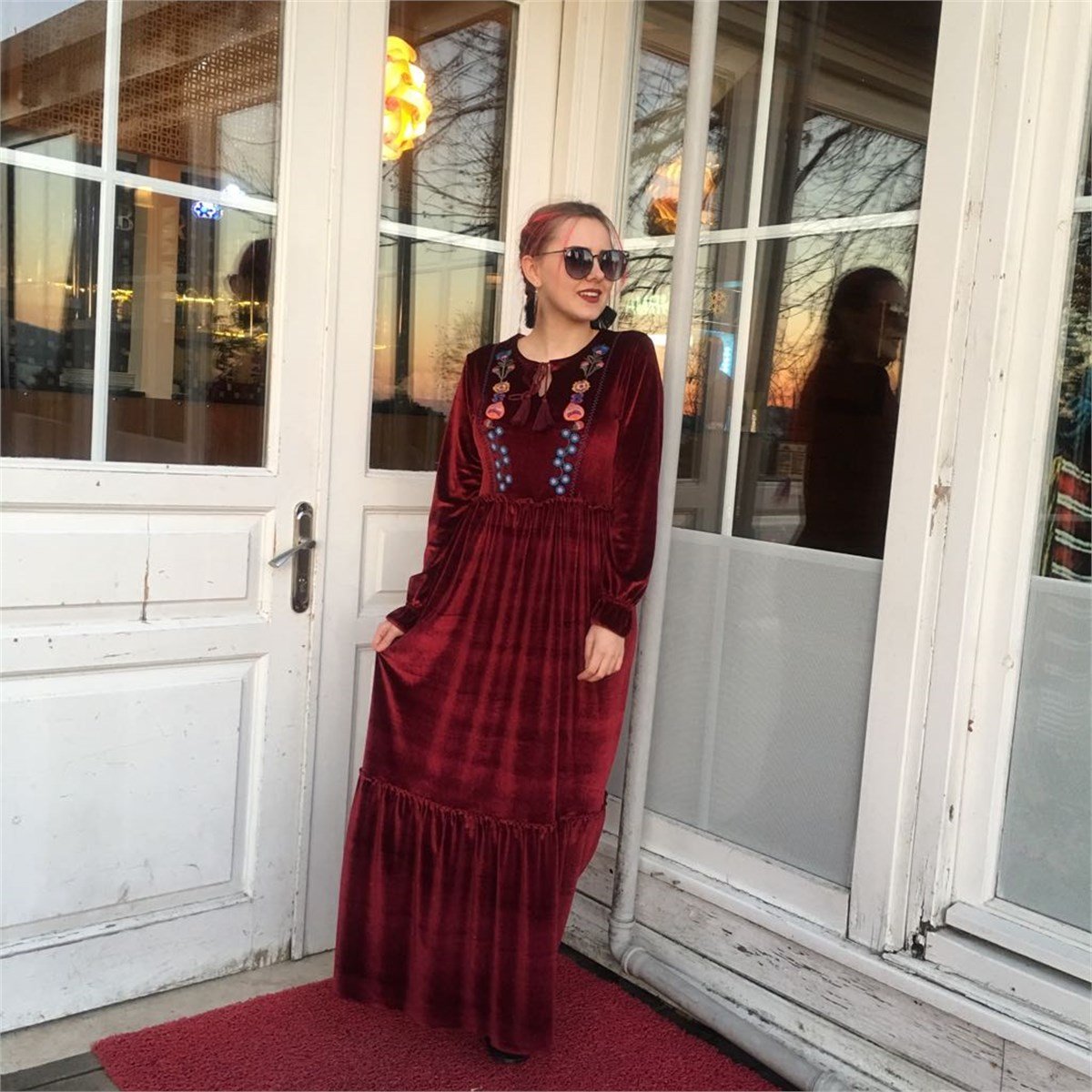 NEW 2380 Kadife İşlemeli Elbise Bordo